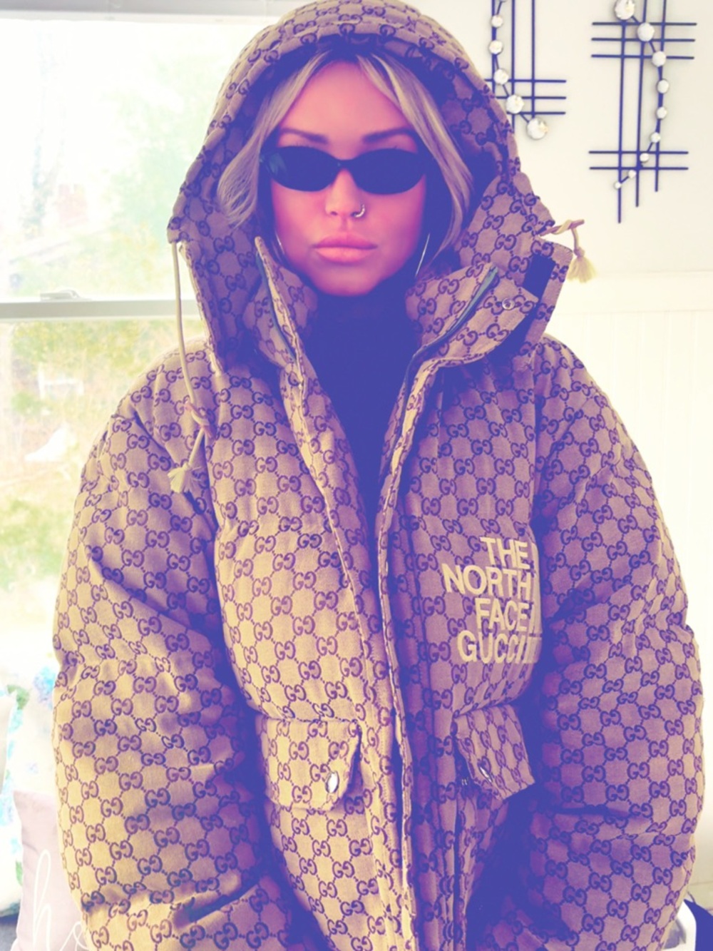 The North Face x Gucci Tan Monogram Hooded Puffer Jacket